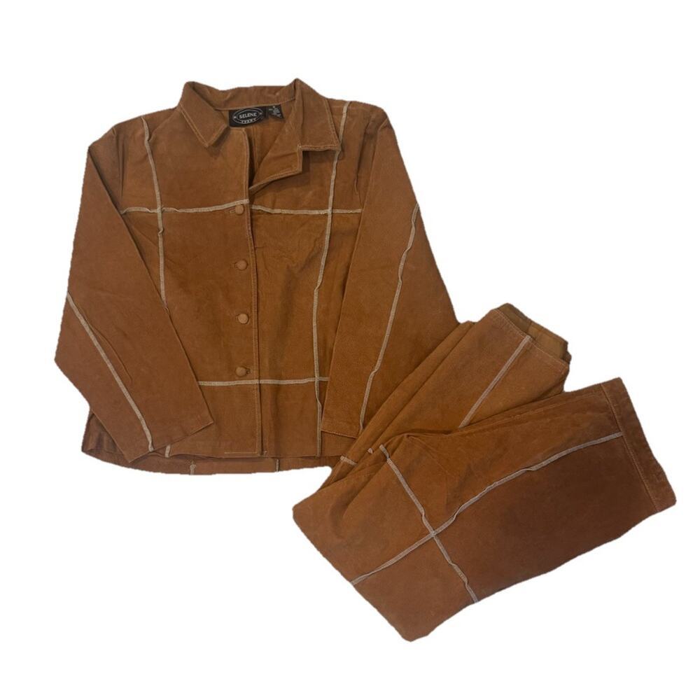 Selene Sport Genuine Leather Pant Suit Jacket 16 Pants 14 Brown 2Pc Set